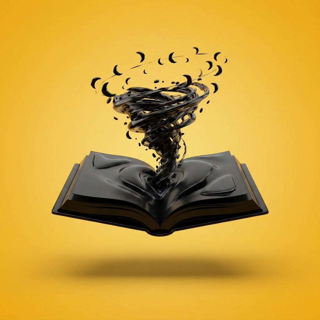 A glossy black book with a vortex rising from its pages